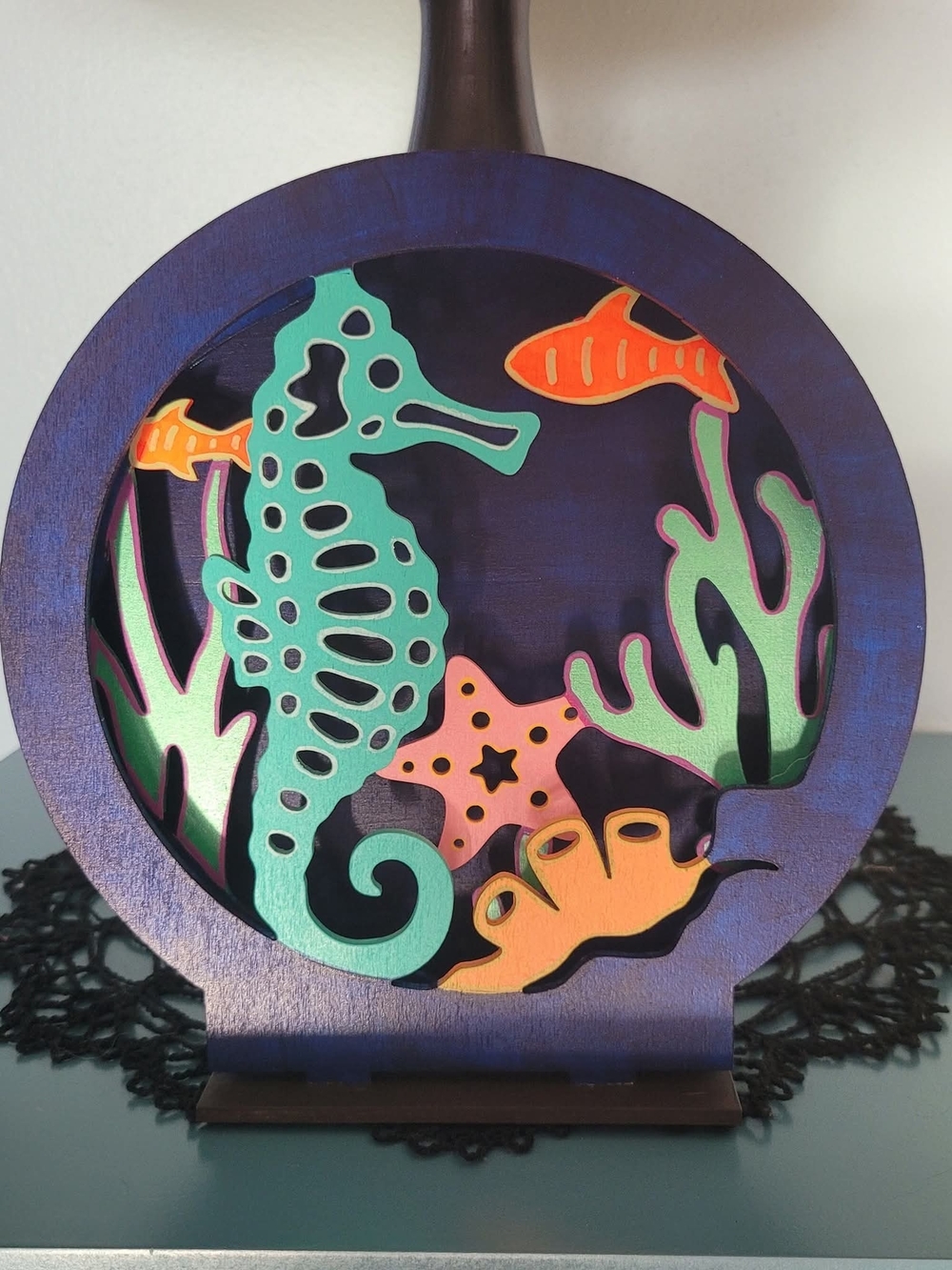 Hand Painted Decorative Sea Life Wooden Accent - Teal Seahorse